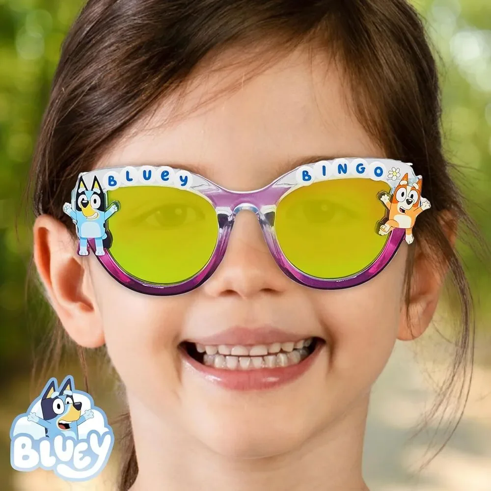 Bluey Bingo Girls Clear Pink Round Sunglasses Mirrored Green Lenses Kids